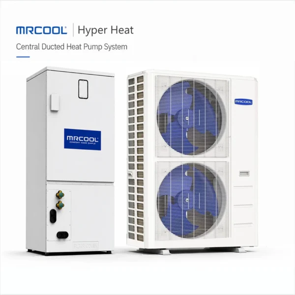 MRCOOL Hyper Heat central ducted inverter heat pump system with air handler, condenser, and thermostat on a clean white background.