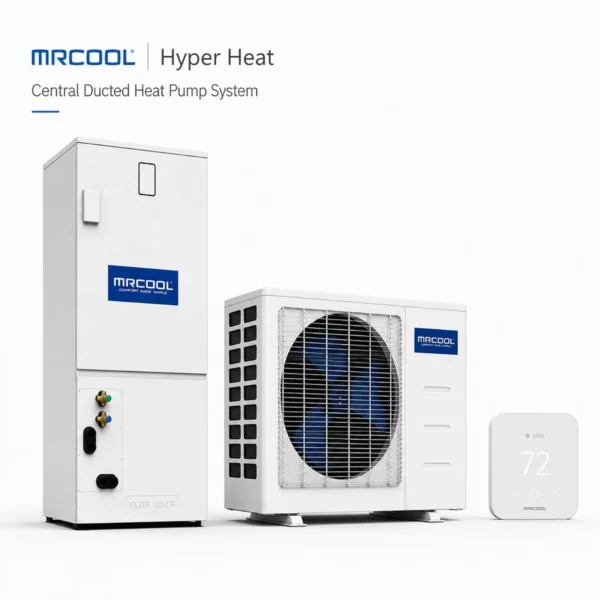 MRCOOL Hyper Heat central ducted inverter heat pump system with air handler, condenser, and thermostat on a clean white background.