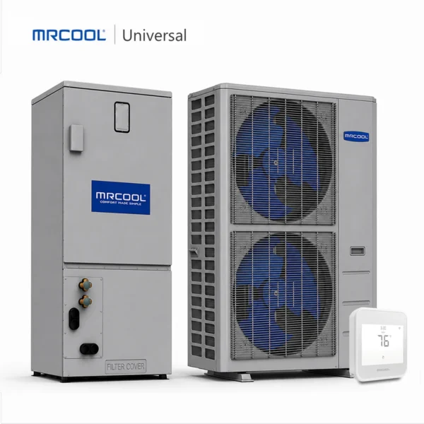 MRCOOL Universal central ducted heat pump split system with inverter condenser, dual-voltage air handler, and smart thermostat