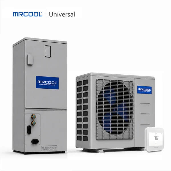 MRCOOL Universal central ducted heat pump split system with inverter condenser, dual-voltage air handler, and smart thermostat